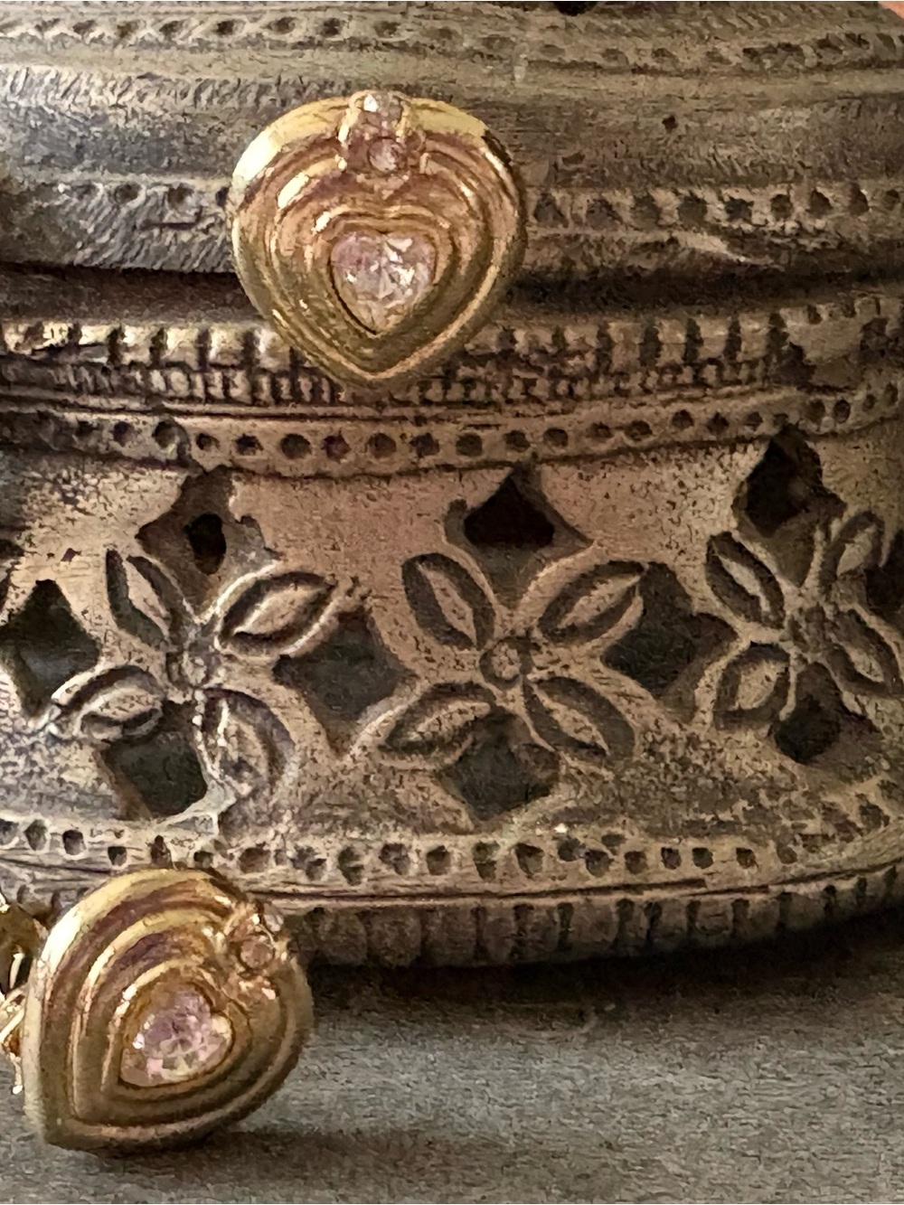 VintageGold Heart Clip On Earrings with Clear Center Stones